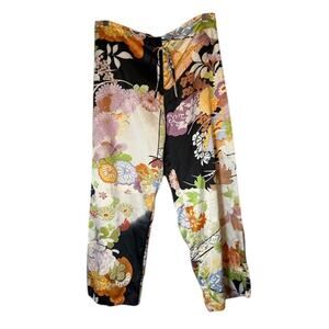 Natori Black Multi-Color Floral Drawstring Waist Cropped Pants Women Sz S